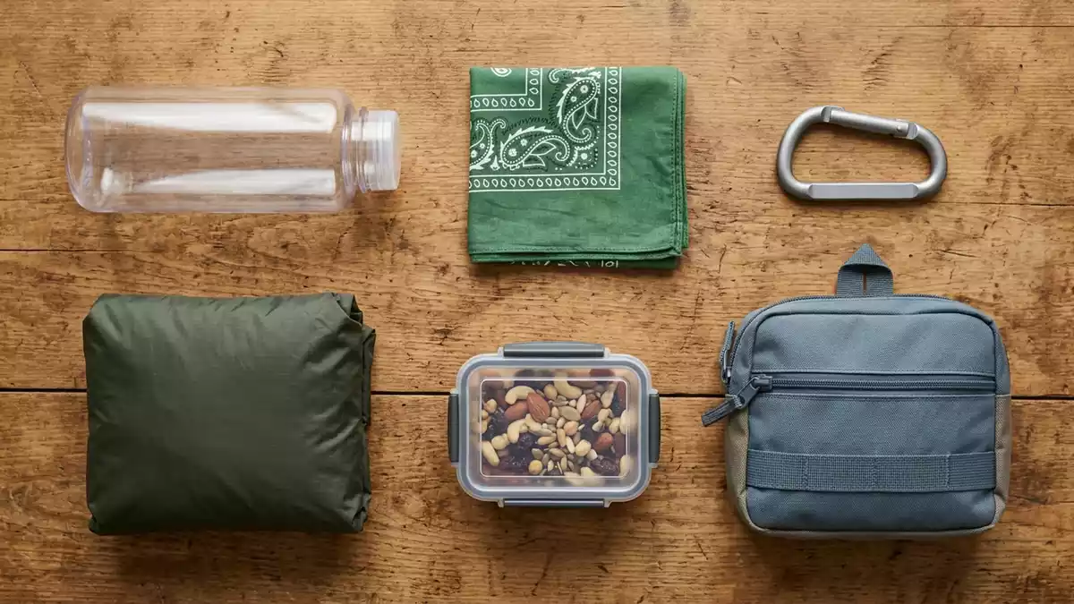 Flatlay-Arrangement rund um Trinkflasche mit passenden Requisiten von oben, neutral