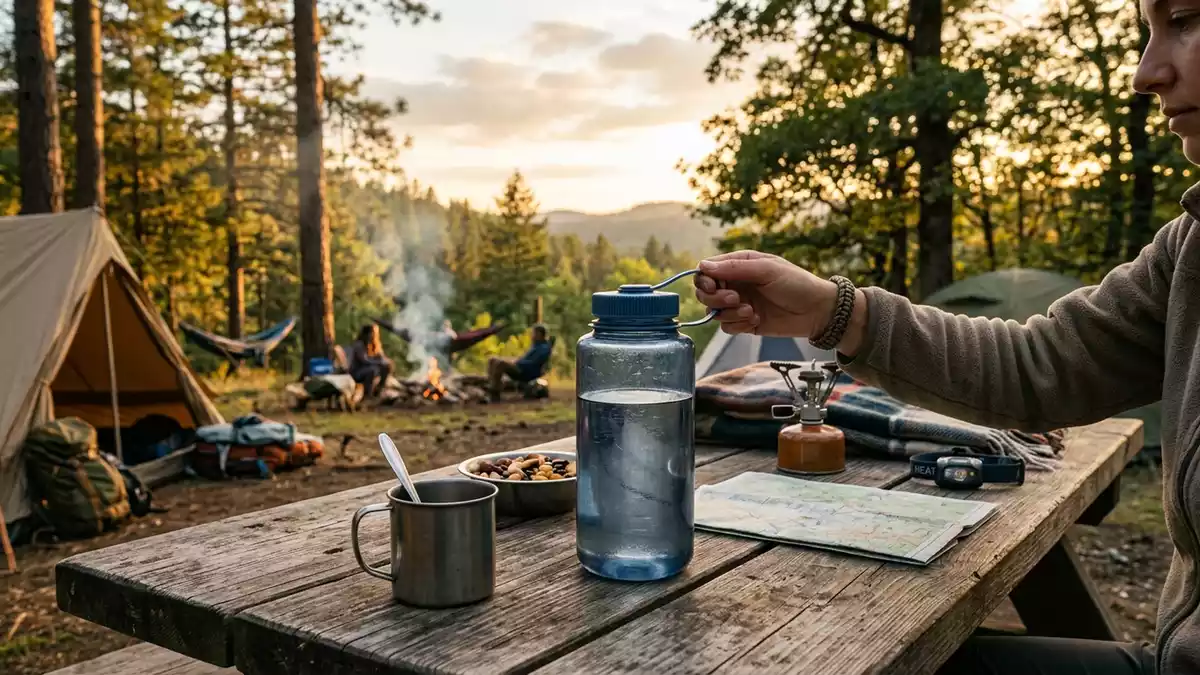 Fotorealistische Ansicht von Trinkflasche am Campingplatz in warmem Abendlicht