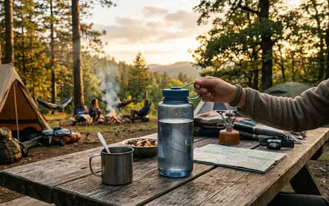 Fotorealistische Aufnahme von Trinkflasche am Campingplatz zum Thema Nalgene Wide Mouth 1L, warmes Abendlicht - Foto: THN