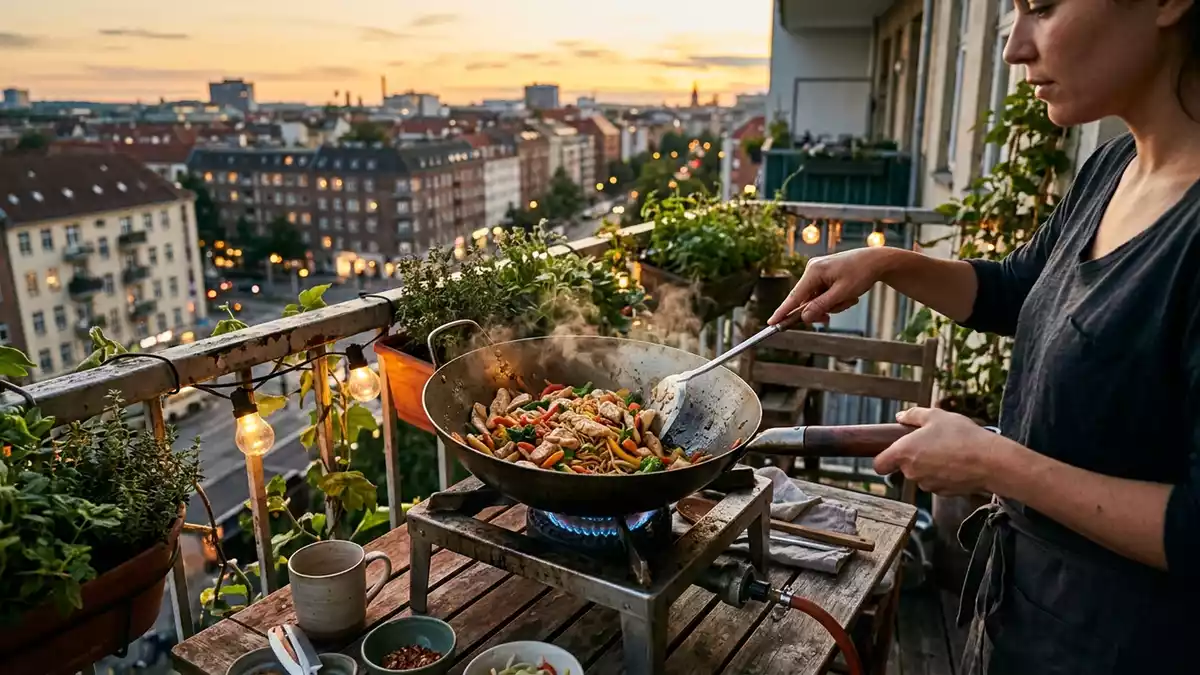 Fotorealistische Ansicht von Wokpfanne beim Abendessen in warmem Abendlicht, neutral