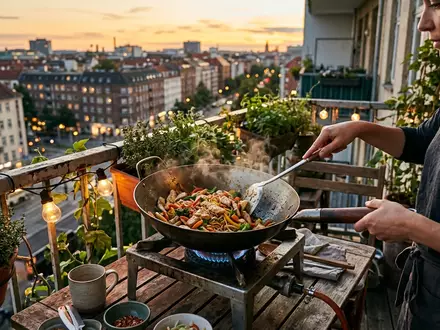 Fotorealistische Aufnahme von Wokpfanne beim Abendessen zum Thema Le Creuset Wok 30cm, warmes Abendlicht - Foto: THN