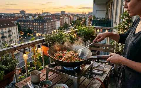 Fotorealistische Aufnahme von Wokpfanne beim Abendessen zum Thema Le Creuset Wok 30cm, warmes Abendlicht - Foto: THN