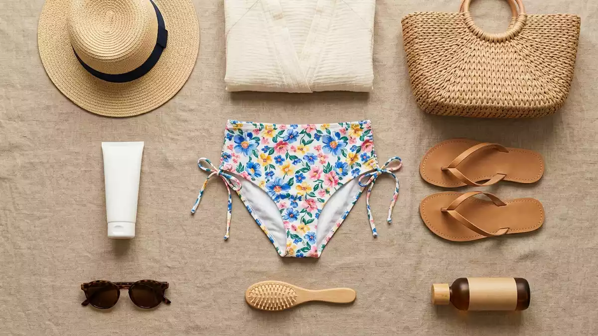 Flatlay-Arrangement rund um Bikinihose mit passenden Requisiten von oben, neutral