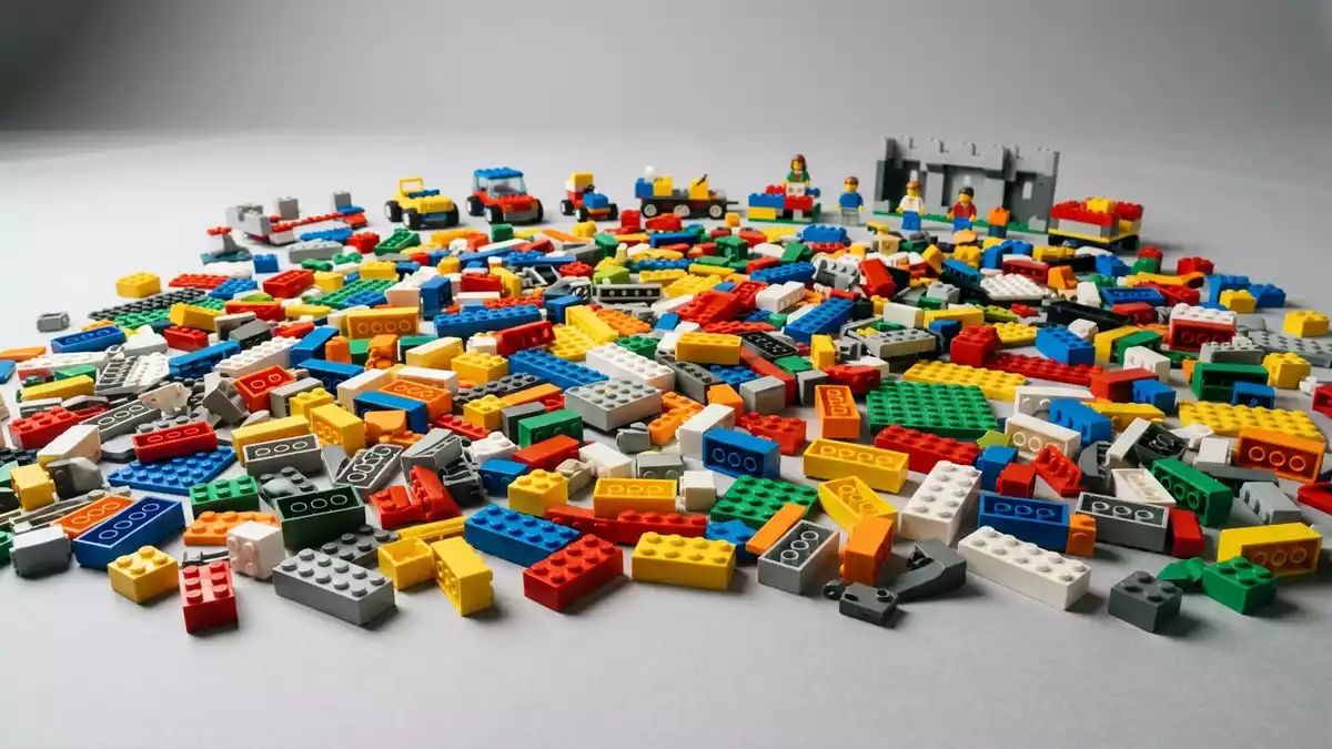 Fotorealistische Studioansicht von Klemmbausteinset in neutraler Produktdarstellung
