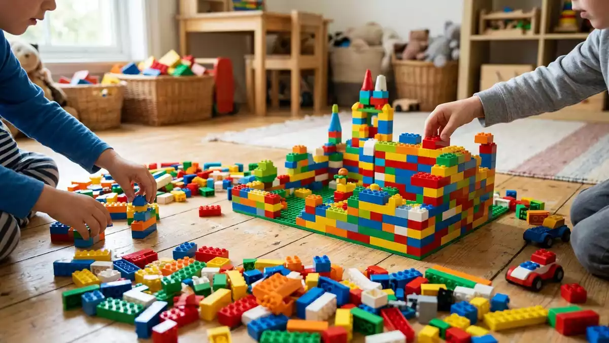 Fotorealistische Ansicht von Klemmbausteinset im Spielzimmer in realer Umgebung