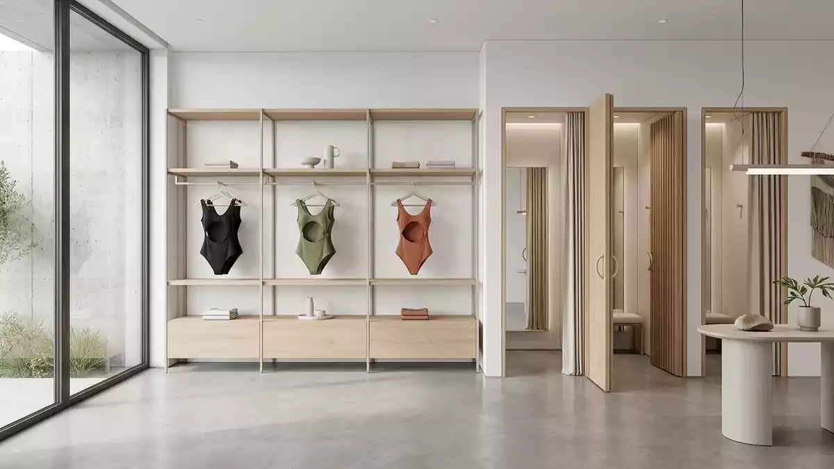 Architektur-Render im Bademodenboutique mit Badeanzug im Ausstellungsbereich, neutral