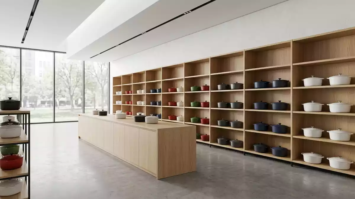 Architektur-Render im Kuechenfachmarkt mit Gusseisenbraeter im Ausstellungsbereich