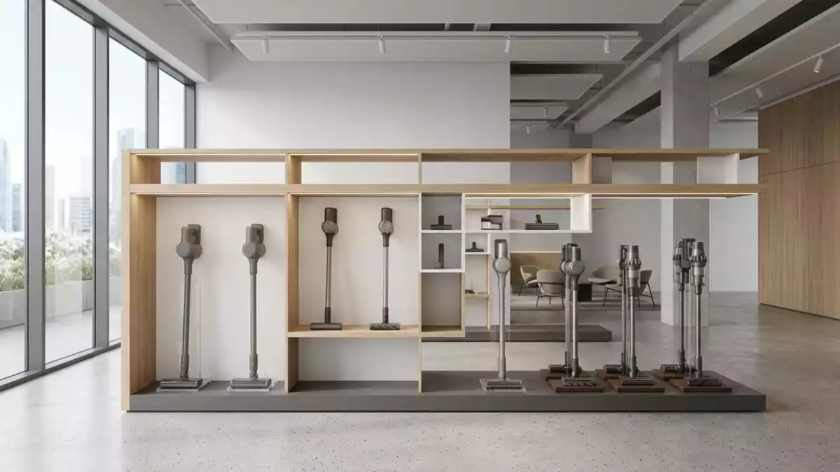 Architektur-Render im Hausgeraetegeschaeft mit Akkustaubsauger im Ausstellungsbereich