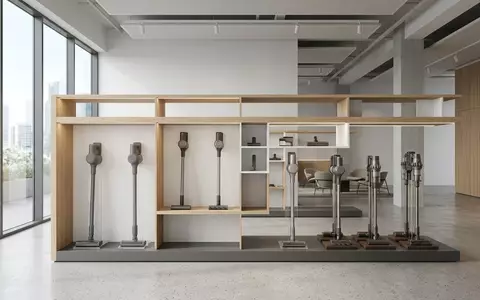 Architektur-Render im Hausgeraetegeschaeft mit Akkustaubsauger zum Thema Dyson V15 Detect Absolute, neutrales Tageslicht - Foto: THN