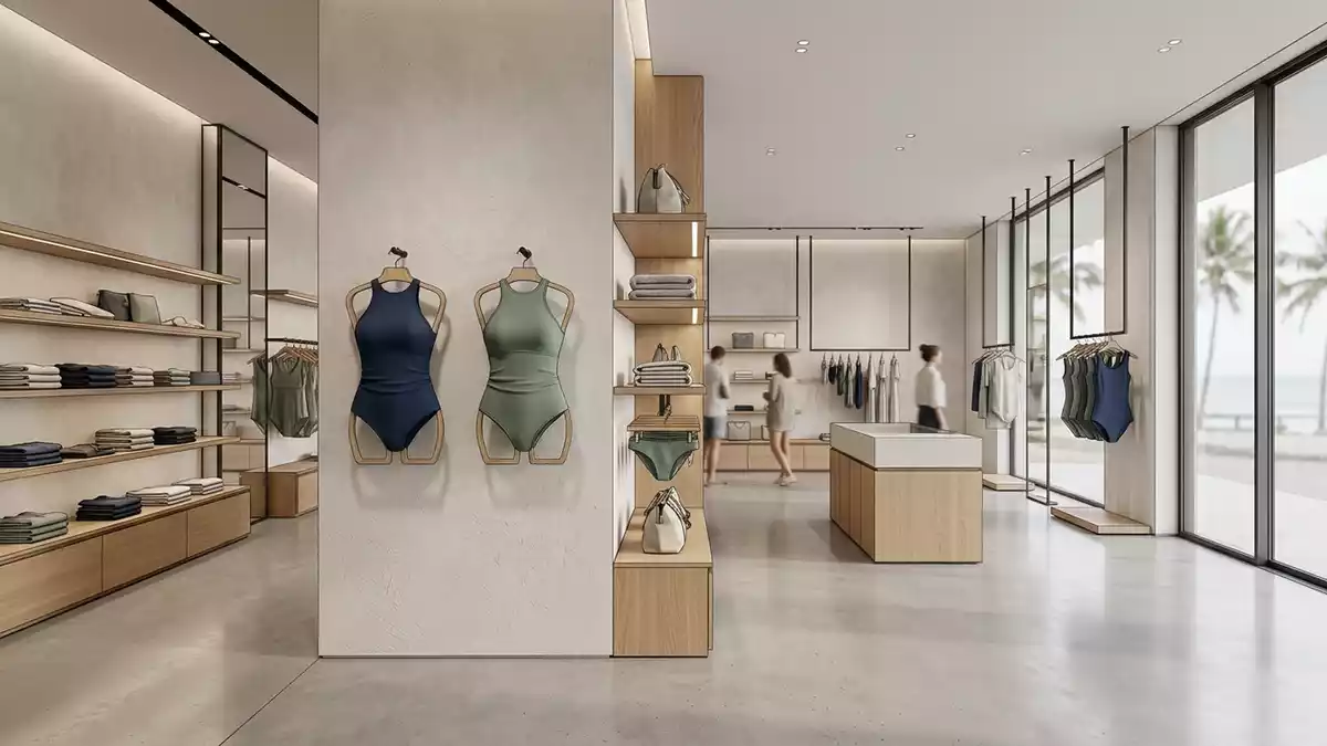 Architektur-Render im Bademodengeschaeft mit Tankini im Ausstellungsbereich, neutral