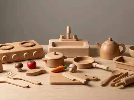Fotorealistische Studioaufnahme von Puppenkueche zum Thema HABA Puppenküche Holz Zubehör-Set, klare Lichtfuehrung - Foto: THN
