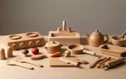 Fotorealistische Studioaufnahme von Puppenkueche zum Thema HABA Puppenküche Holz Zubehör-Set, klare Lichtfuehrung - Foto: THN