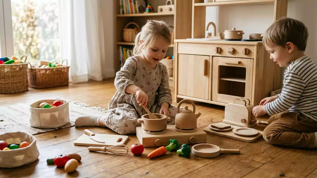 Fotorealistische Ansicht von Puppenkueche im Spielzimmer in realer Umgebung, neutral