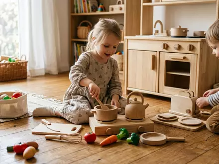 Fotorealistische Aufnahme von Puppenkueche im Spielzimmer zum Thema HABA Puppenküche Holz Zubehör-Set, natuerliches Licht - Foto: THN
