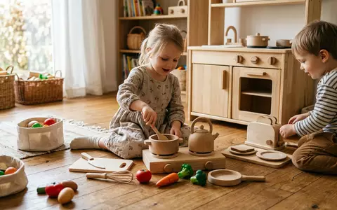 Fotorealistische Aufnahme von Puppenkueche im Spielzimmer zum Thema HABA Puppenküche Holz Zubehör-Set, natuerliches Licht - Foto: THN