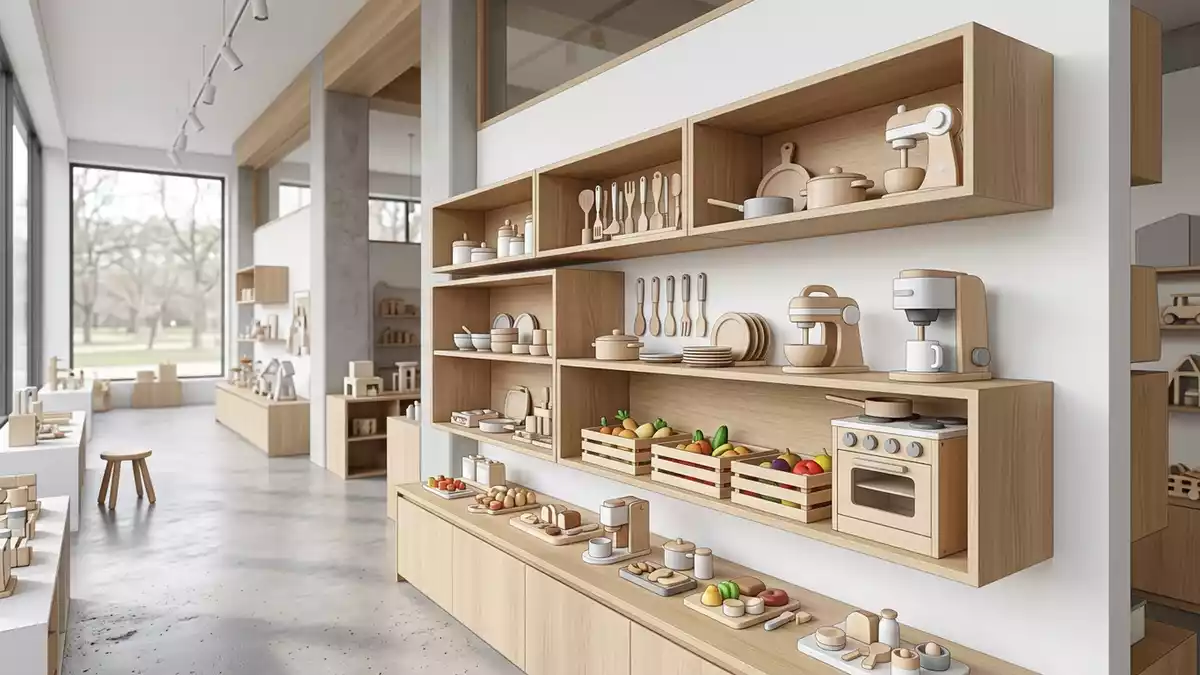 Architektur-Render im Spielzeuggeschaeft mit Puppenkueche im Ausstellungsbereich