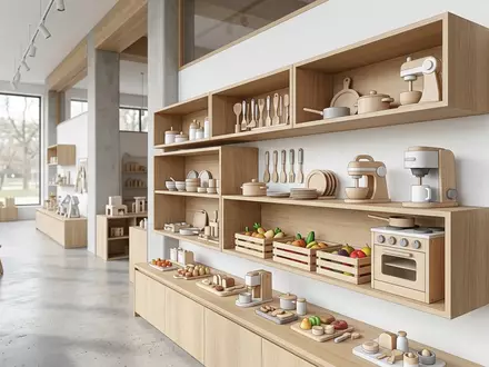 Architektur-Render im Spielzeuggeschaeft mit Puppenkueche zum Thema HABA Puppenküche Holz Zubehör-Set, neutrales Tageslicht - Foto: THN