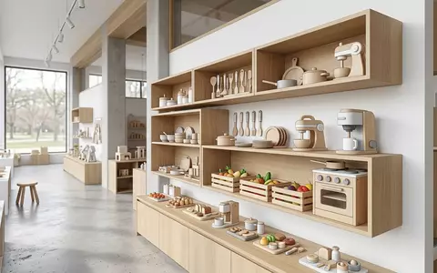 Architektur-Render im Spielzeuggeschaeft mit Puppenkueche zum Thema HABA Puppenküche Holz Zubehör-Set, neutrales Tageslicht - Foto: THN