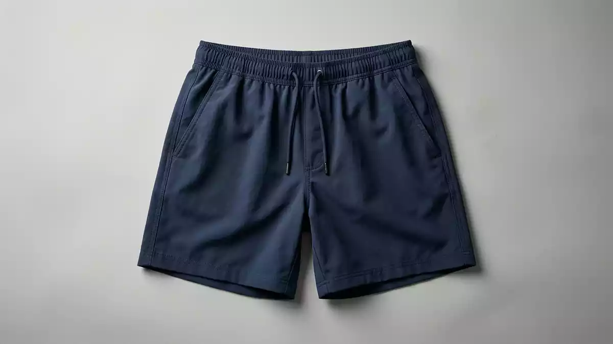 Fotorealistische Studioansicht von Herrenbadeshorts in neutraler Produktdarstellung