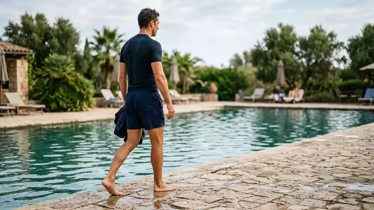 Fotorealistische Ansicht von Herrenbadeshorts am Pool in realer Umgebung, neutral