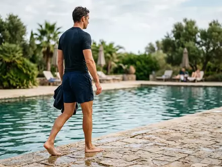 Fotorealistische Aufnahme von Herrenbadeshorts am Pool zum Thema Hackett London Herren Badeshorts, natuerliches Licht - Foto: THN
