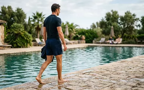 Fotorealistische Aufnahme von Herrenbadeshorts am Pool zum Thema Hackett London Herren Badeshorts, natuerliches Licht - Foto: THN