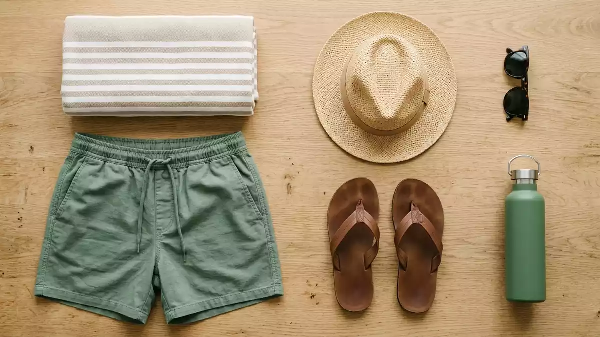 Flatlay-Arrangement rund um Herrenbadeshorts mit passenden Requisiten von oben