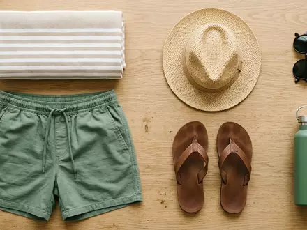 Flatlay-Arrangement rund um Herrenbadeshorts zum Thema Hackett London Herren Badeshorts, weiches Oberlicht - Foto: THN