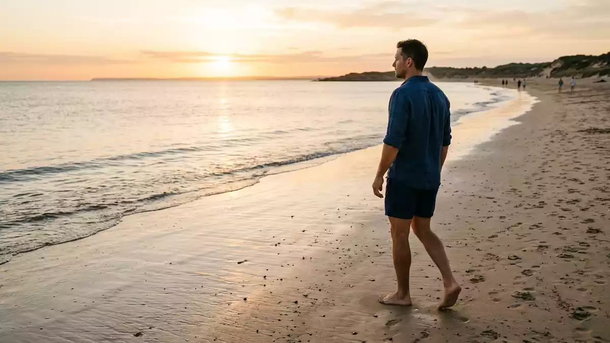 Fotorealistische Ansicht von Herrenbadeshorts am Strand in warmem Abendlicht, neutral
