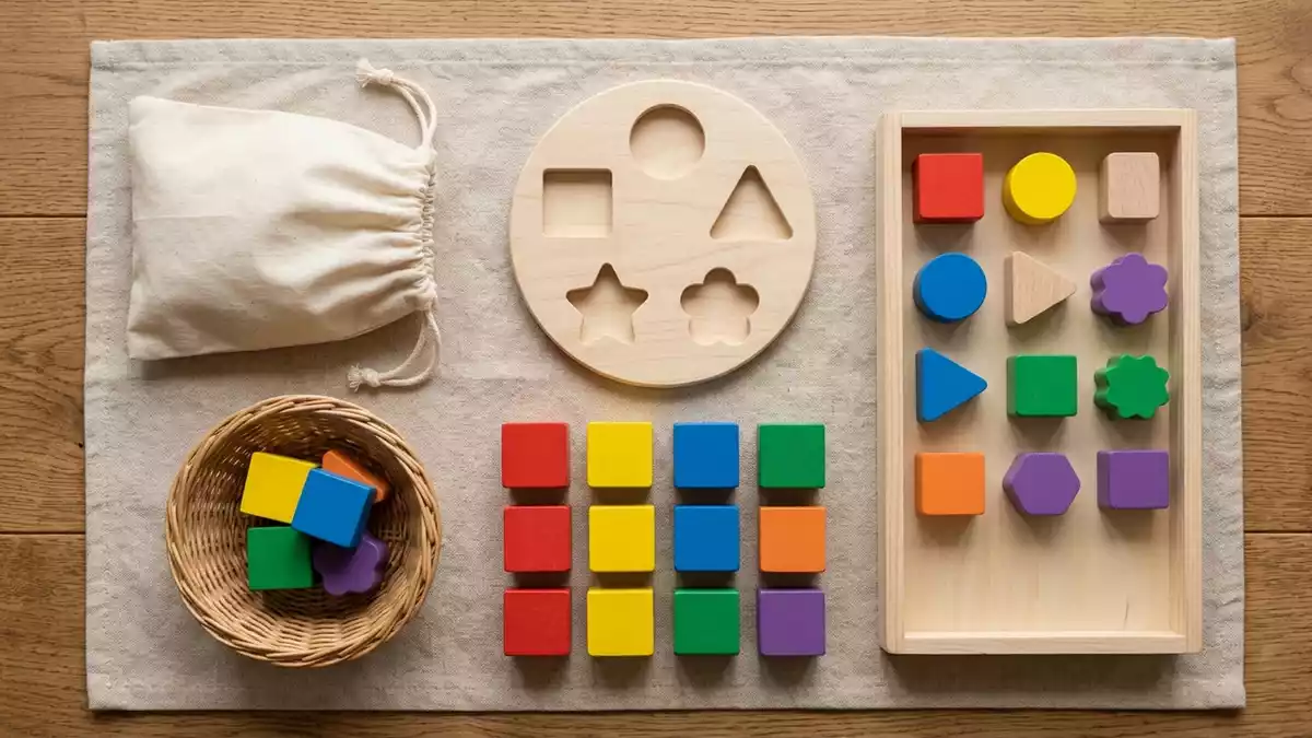 Flatlay-Arrangement rund um Steckspiel mit passenden Requisiten von oben, neutral