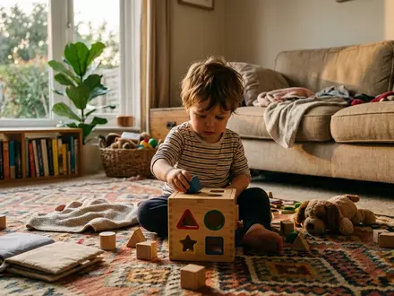 Fotorealistische Aufnahme von Steckspiel im Wohnzimmer zum Thema HABA Meine ersten Steckspiele, warmes Abendlicht - Foto: THN