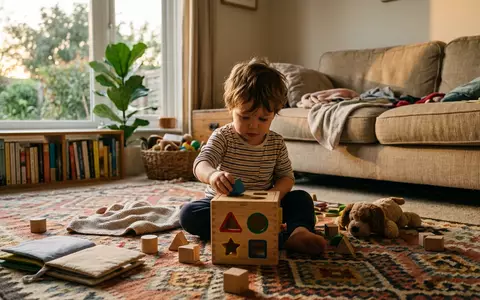 Fotorealistische Aufnahme von Steckspiel im Wohnzimmer zum Thema HABA Meine ersten Steckspiele, warmes Abendlicht - Foto: THN