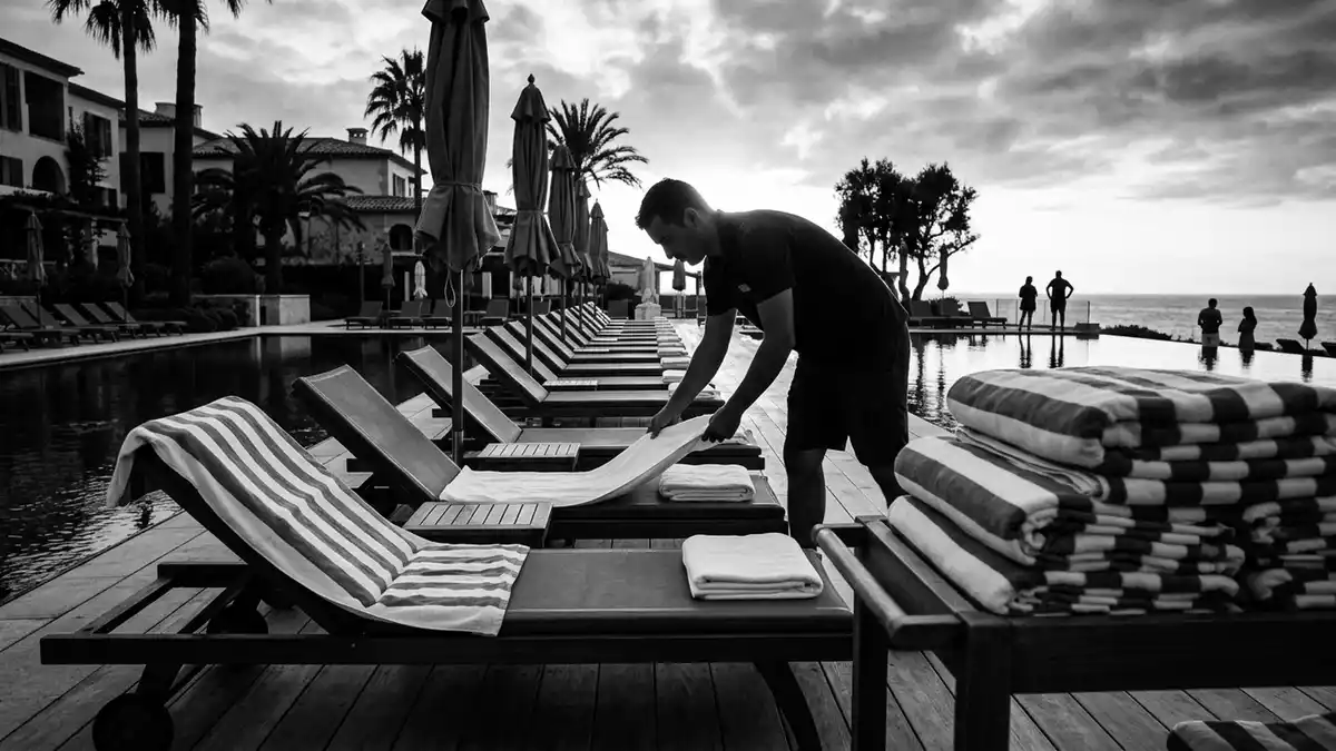 Schwarzweiss-Reportagebild mit Strandhandtuch in dokumentarischer Arbeitsumgebung