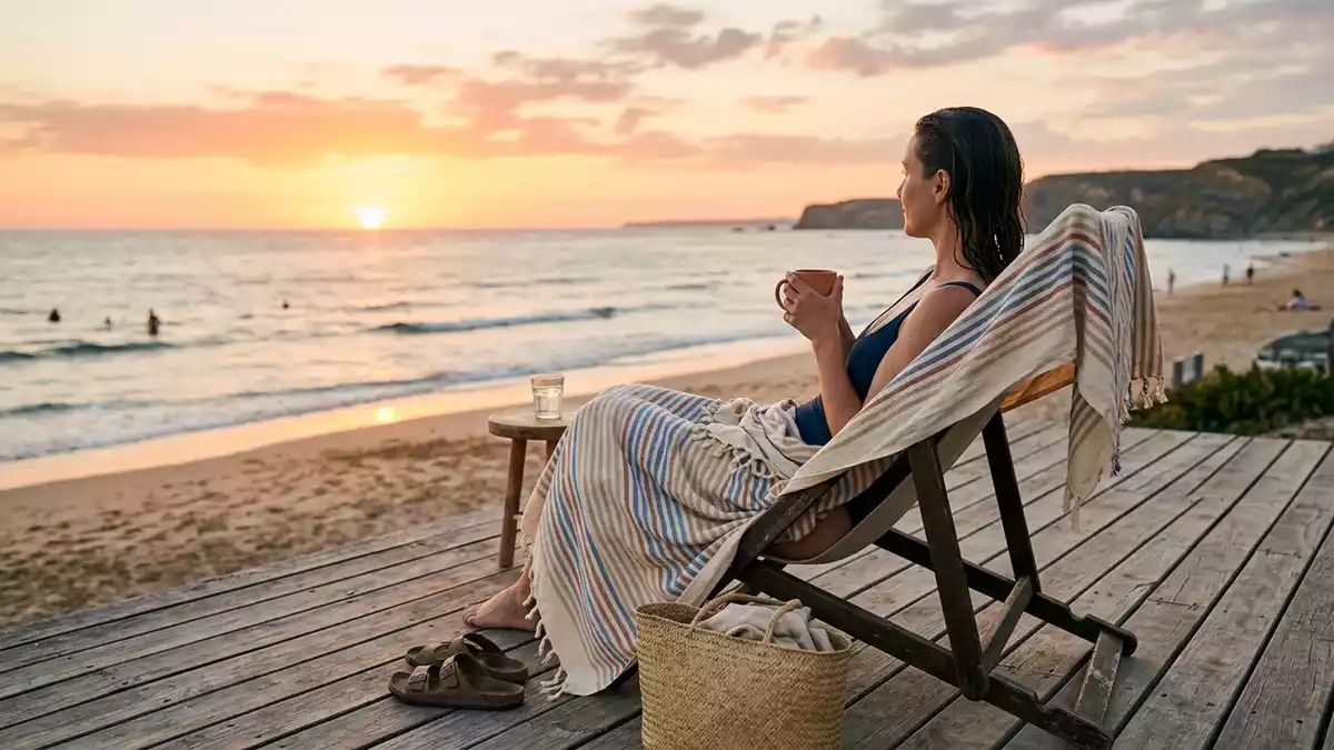 Fotorealistische Ansicht von Strandhandtuch am Pool in warmem Abendlicht, neutral