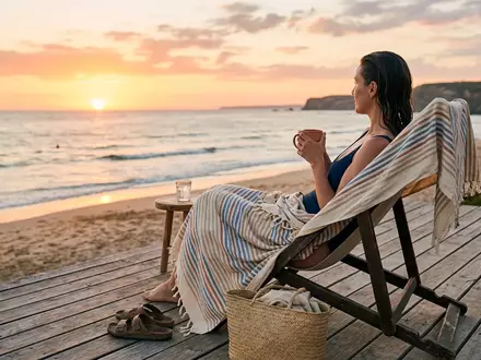 Fotorealistische Aufnahme von Strandhandtuch am Pool zum Thema BOSS Herren Strand-Handtuch Logo, warmes Abendlicht - Foto: THN
