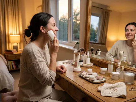 Fotorealistische Aufnahme von Gesichtspflegegeraet am Schminktisch zum Thema Braun FaceSpa Pro 911, warmes Abendlicht - Foto: THN