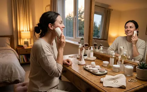 Fotorealistische Aufnahme von Gesichtspflegegeraet am Schminktisch zum Thema Braun FaceSpa Pro 911, warmes Abendlicht - Foto: THN