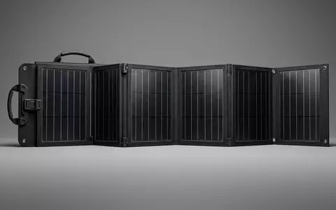Fotorealistische Studioaufnahme von Klappbares Solarpanel zum Thema BougeRV 200W Faltbares Solarpanel, klare Lichtfuehrung - Foto: THN