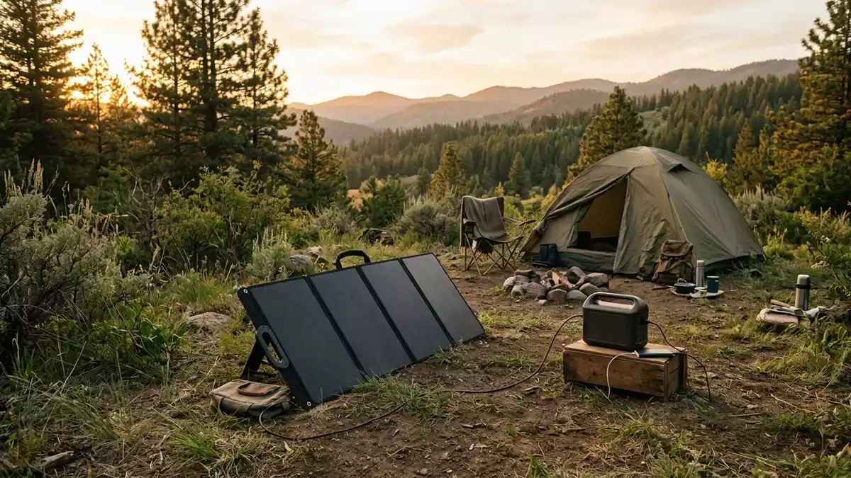 Fotorealistische Ansicht von Klappbares Solarpanel auf dem Campingplatz in warmem