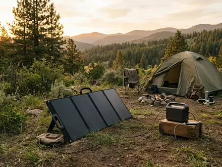 Fotorealistische Aufnahme von Klappbares Solarpanel auf dem Campingplatz zum Thema BougeRV 200W Faltbares Solarpanel - Foto: THN
