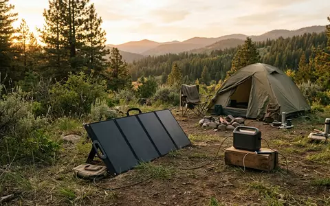 Fotorealistische Aufnahme von Klappbares Solarpanel auf dem Campingplatz zum Thema BougeRV 200W Faltbares Solarpanel - Foto: THN