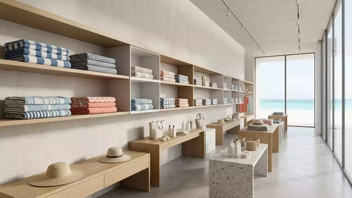 Architektur-Render im Bademodengeschaeft mit Strandtuch im Ausstellungsbereich