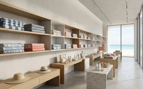 Architektur-Render im Bademodengeschaeft mit Strandtuch zum Thema Ralph Lauren Herren Strandtuch, neutrales Tageslicht - Foto: THN