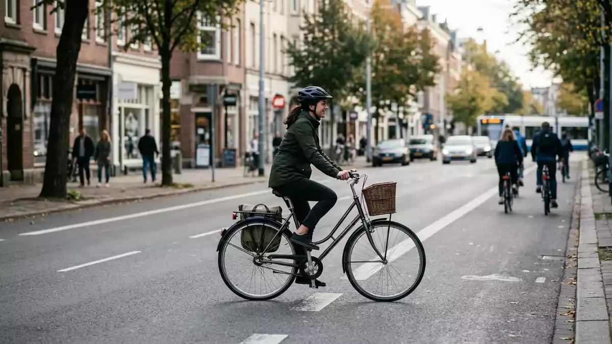 Fotorealistische Ansicht von City-Fahrrad auf dem Arbeitsweg in realer Umgebung