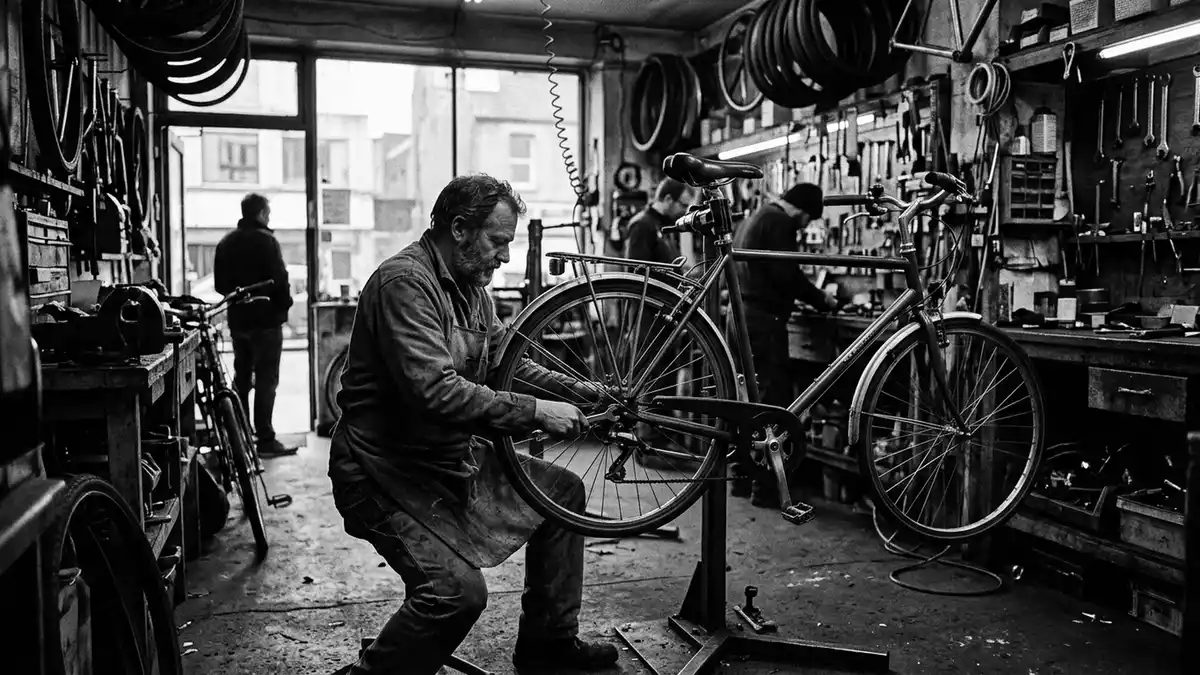 Schwarzweiss-Reportagebild mit City-Fahrrad in dokumentarischer Arbeitsumgebung