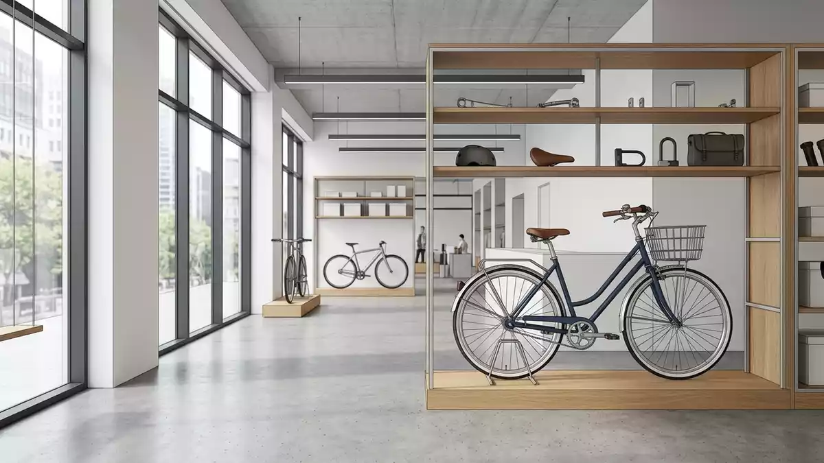 Architektur-Render im Fahrradgeschaeft mit City-Fahrrad im Ausstellungsbereich