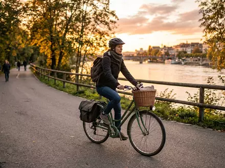Fotorealistische Aufnahme von City-Fahrrad am Flussufer zum Thema Raleigh Rushhour 9 Cityrad, warmes Abendlicht - Foto: THN