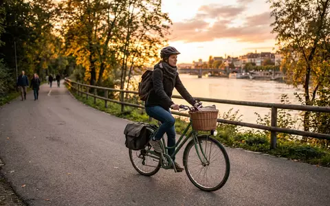 Fotorealistische Aufnahme von City-Fahrrad am Flussufer zum Thema Raleigh Rushhour 9 Cityrad, warmes Abendlicht - Foto: THN