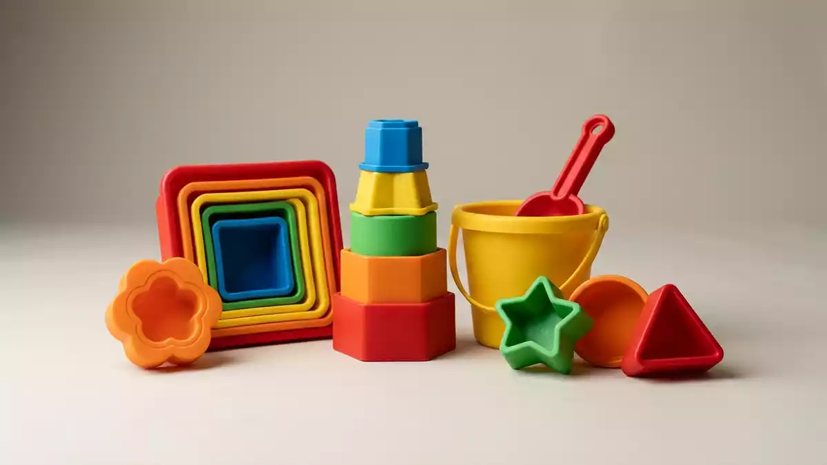 Fotorealistische Studioansicht von Sandspielzeug in neutraler Produktdarstellung