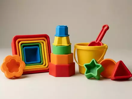 Fotorealistische Studioaufnahme von Sandspielzeug zum Thema Quut Kinder Strandset Triplet, klare Lichtfuehrung - Foto: THN